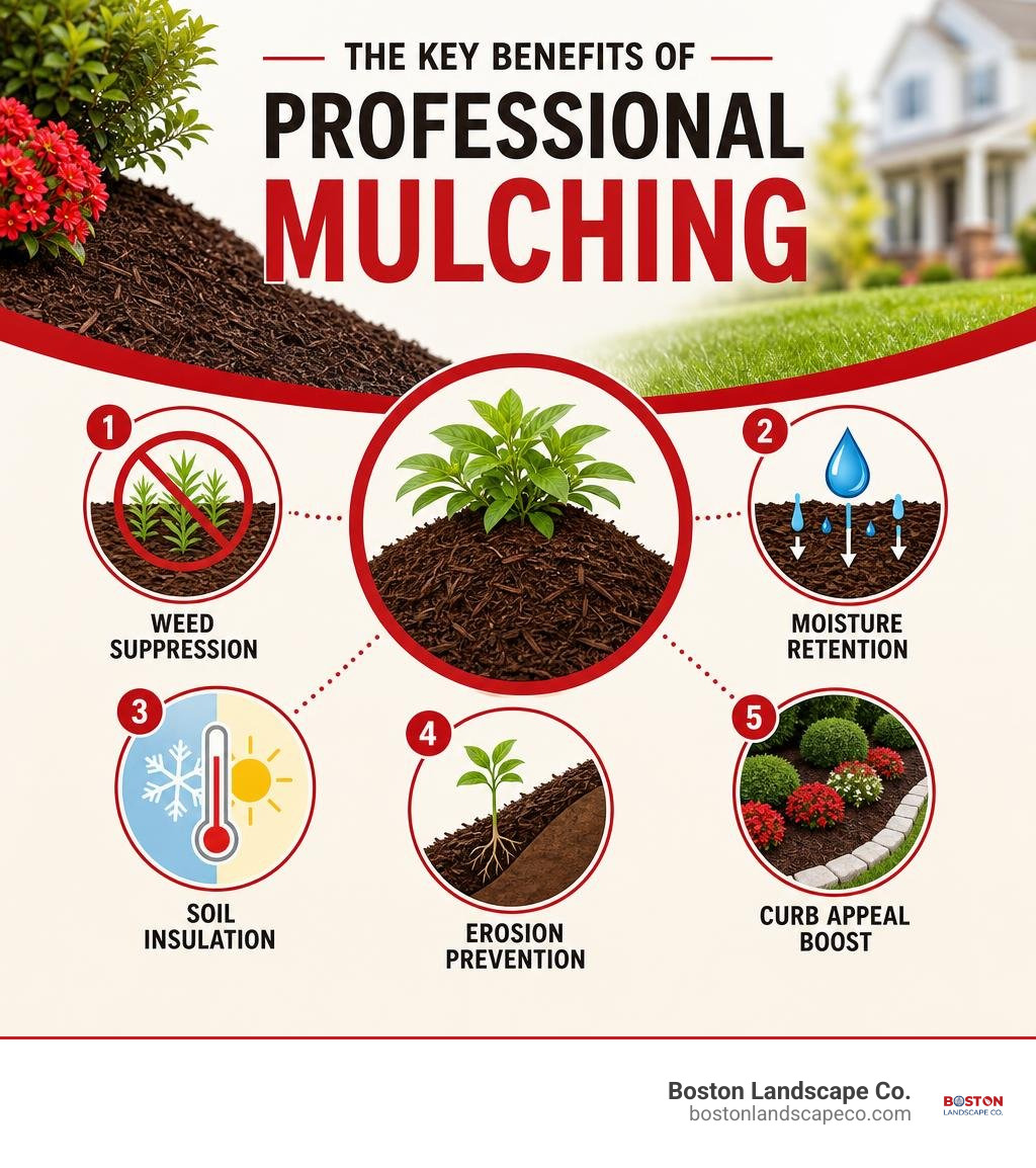 Infographic showing key benefits of professional mulching: weed suppression, moisture retention, soil insulation, erosion