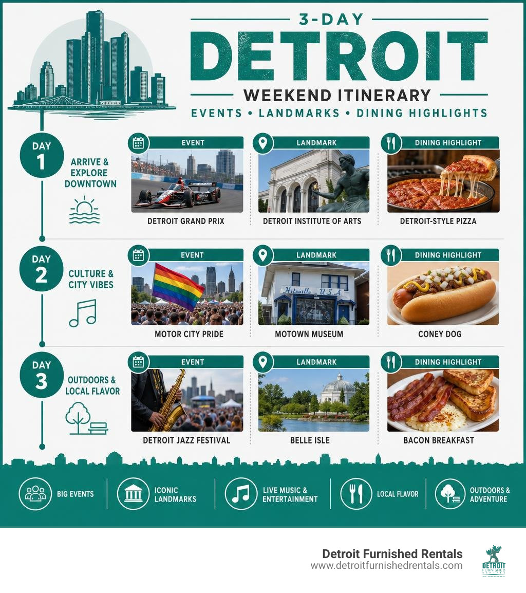 3-day Detroit weekend itinerary timeline with events, landmarks, and dining highlights infographic 3-day Detroit weekend itinerary timeline with events, landmarks, and dining highlights infographic