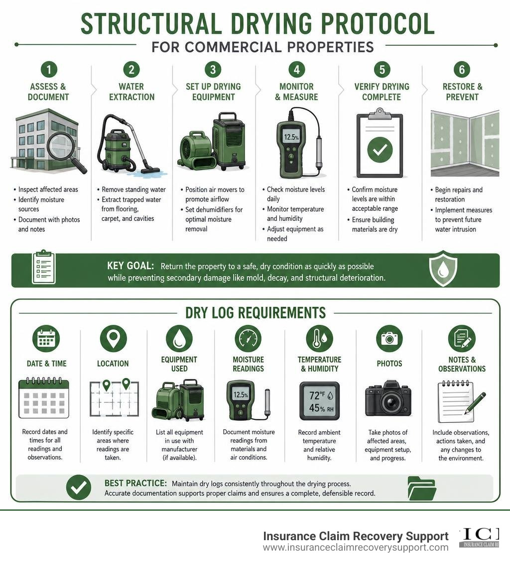 Detailed infographic showing the structural drying protocol and dry log requirements for commercial properties infographic Detailed infographic showing the structural drying protocol and dry log requirements for commercial properties infographic