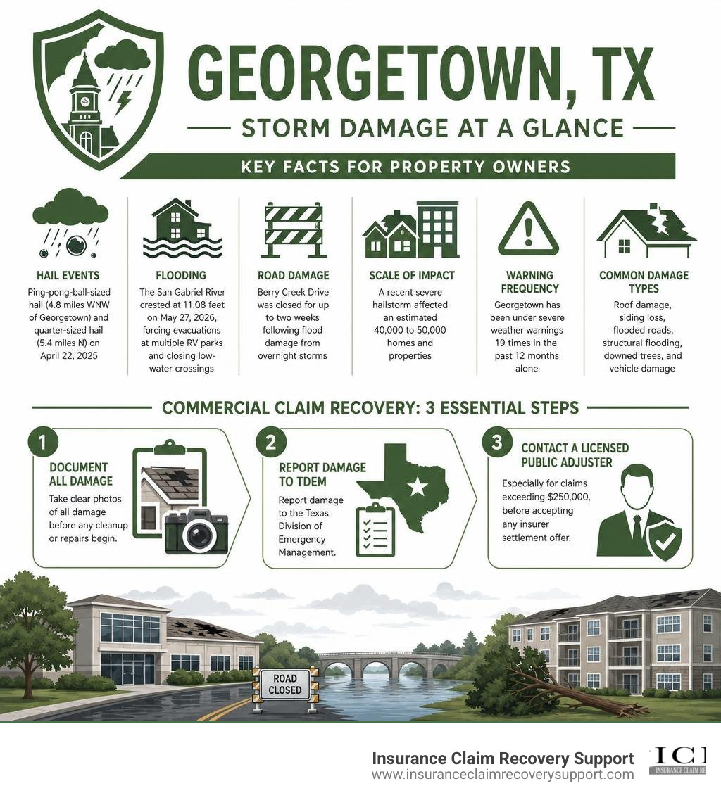 Georgetown TX storm damage commercial claim process infographic with hail stats flooding data and recovery steps infographic Georgetown TX storm damage commercial claim process infographic with hail stats flooding data and recovery steps infographic