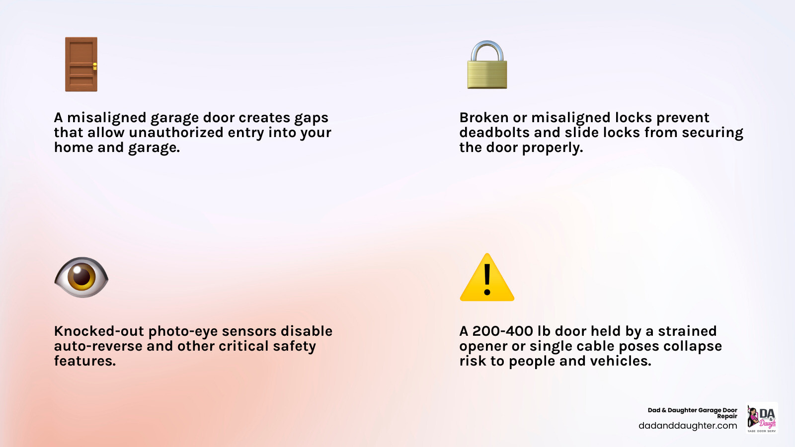 Infographic showing immediate home security risks of a derailed garage door including entry points and lock failure