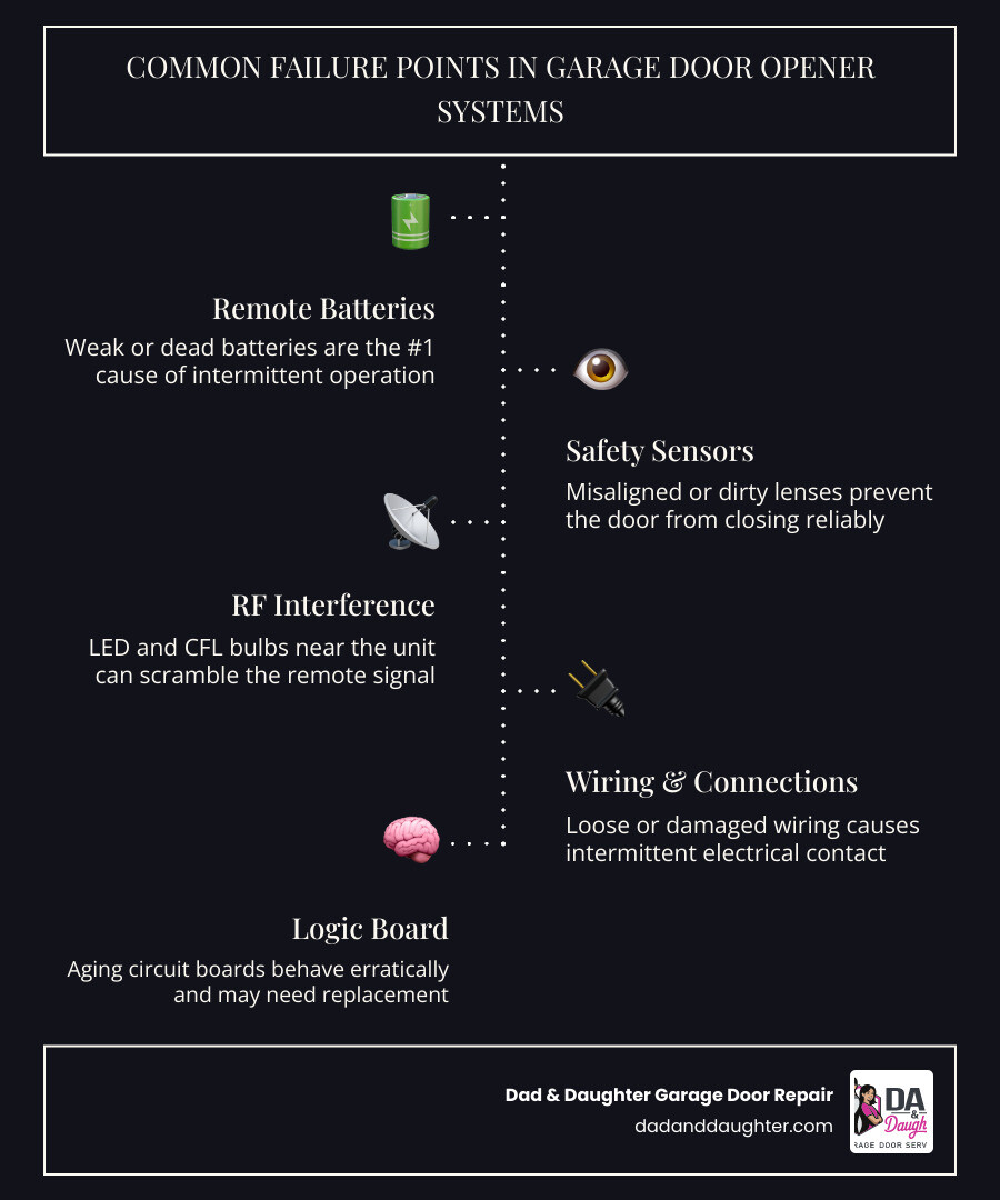 Common failure points in a garage door opener system — remote, sensors, wiring, logic board, and motor infographic