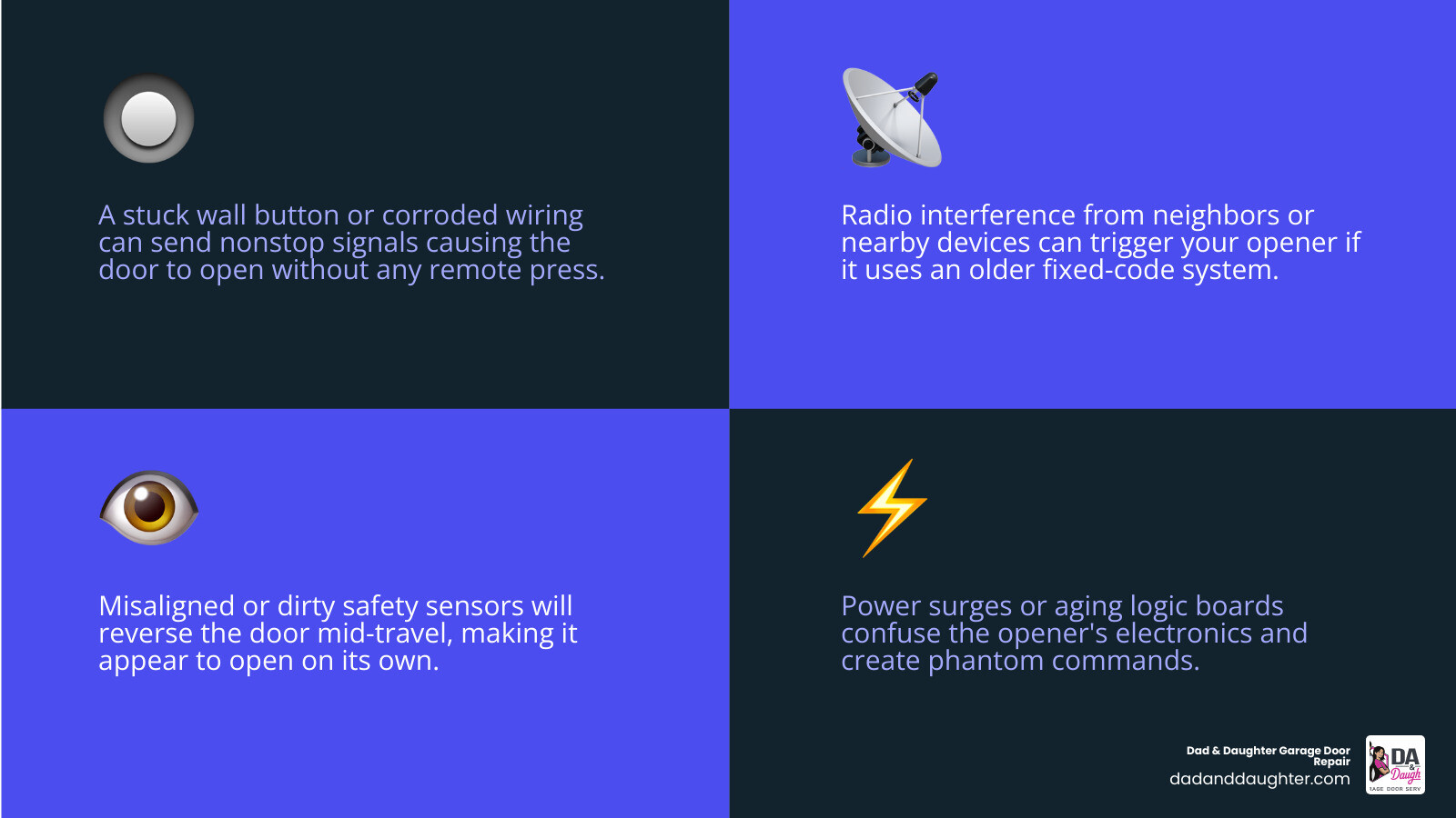 Infographic showing 8 common causes of a garage door opening by itself with quick diagnostic tips for each infographic