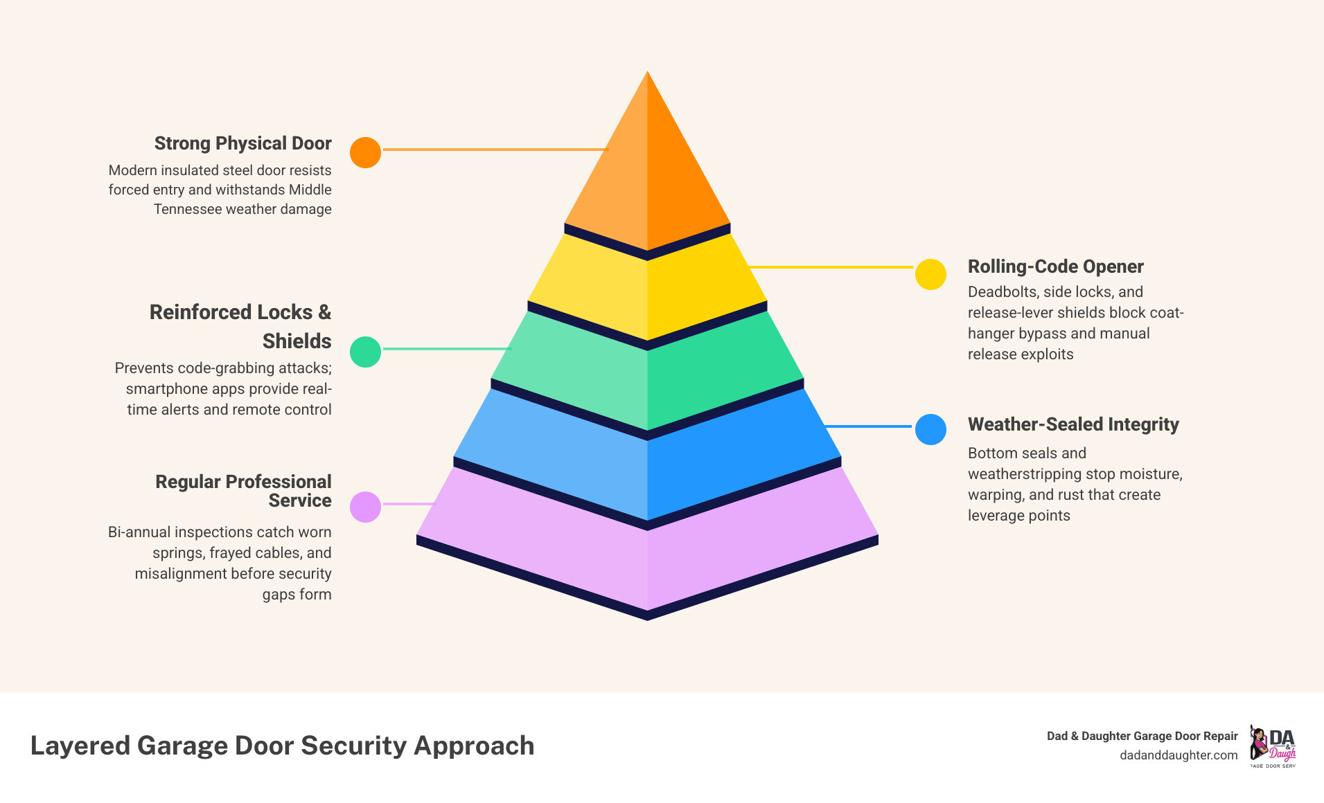 Infographic showing layered garage door security factors: entry point risk, opener technology, climate damage, hardware