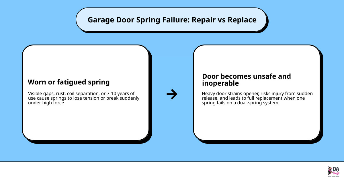 Infographic showing garage door spring repair vs replacement decision guide with symptoms and outcomes infographic