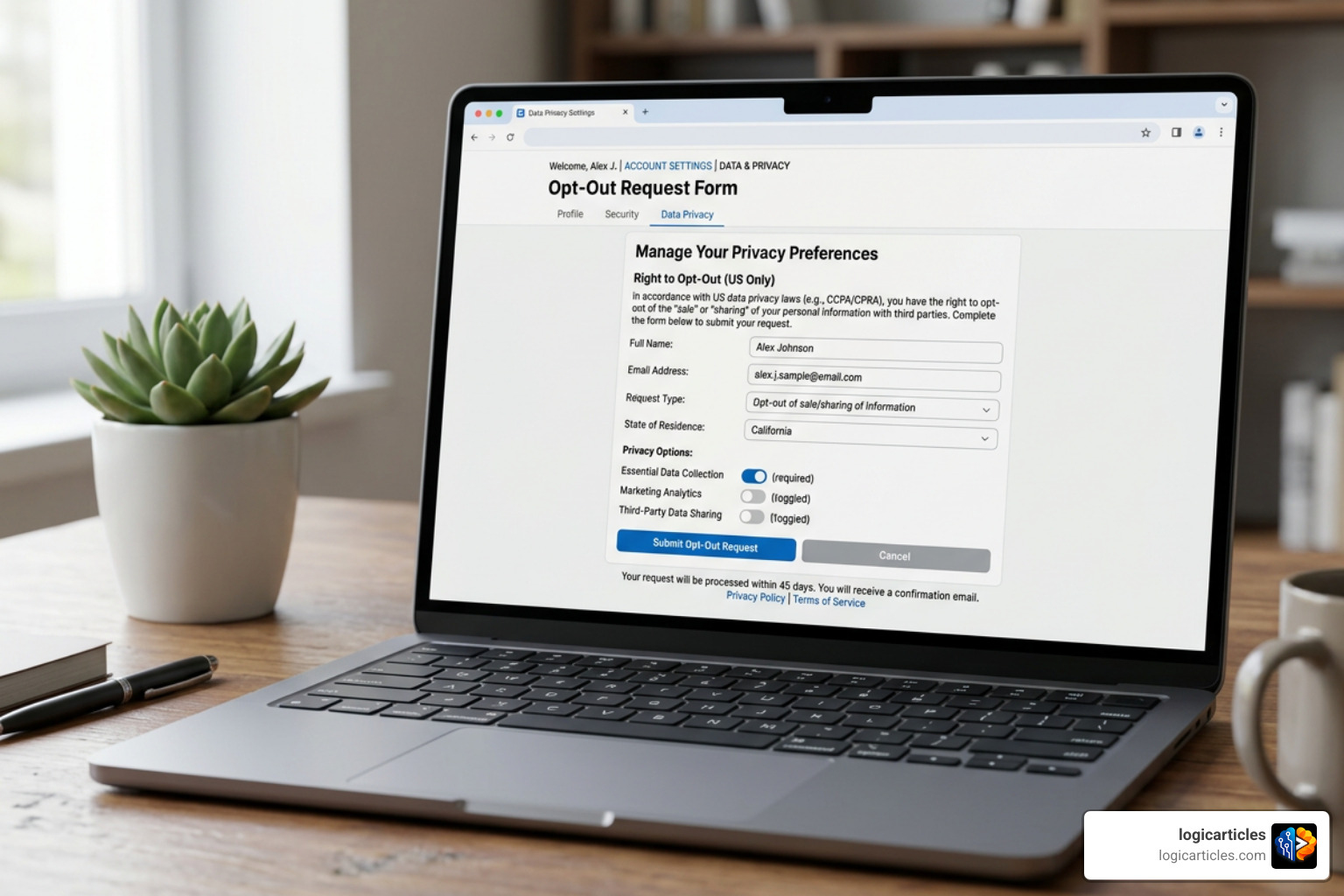 Data privacy and opt-out request form settings
