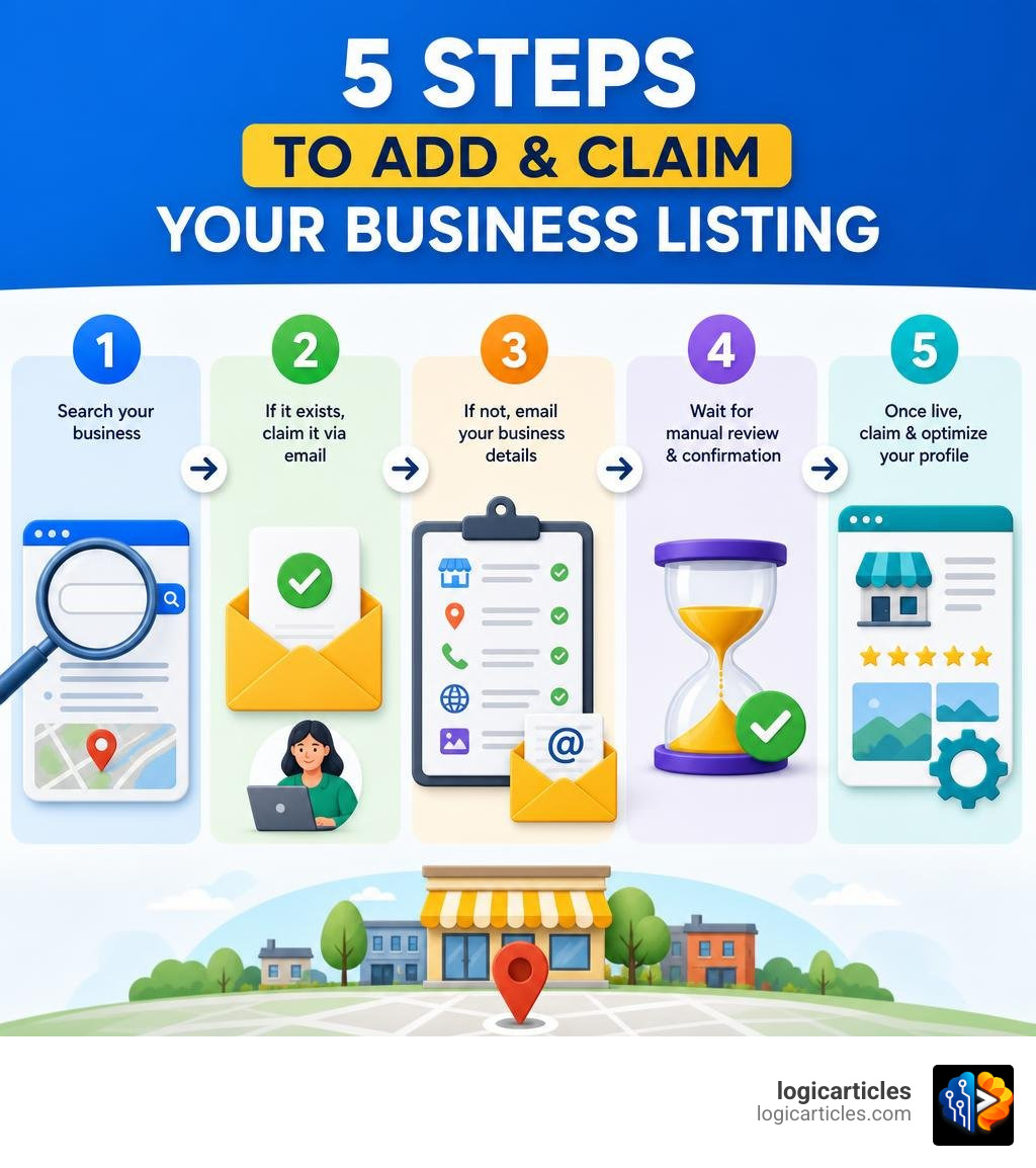 5-step infographic showing how to add and claim a business listing on Zaubee infographic