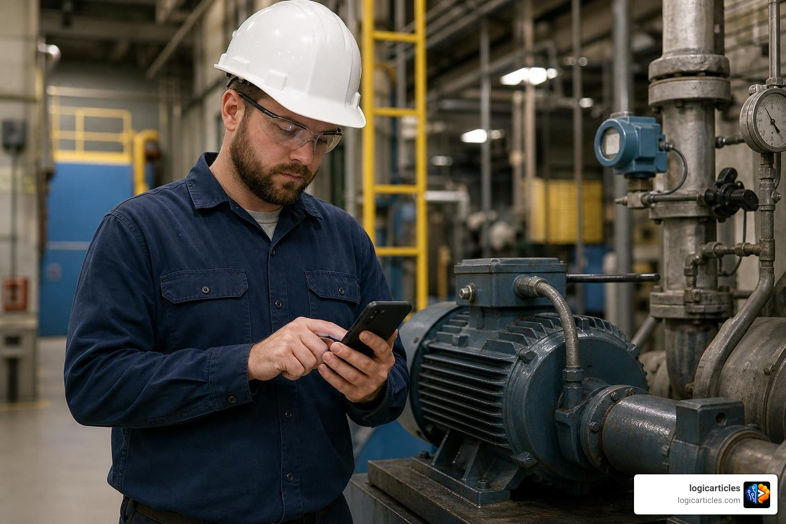 technician using mobile CMMS app to update work order
