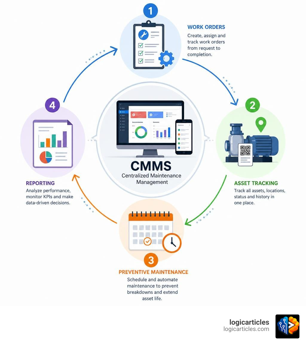 CMMS workflow infographic showing work orders, asset tracking, preventive maintenance scheduling, and reporting infographic