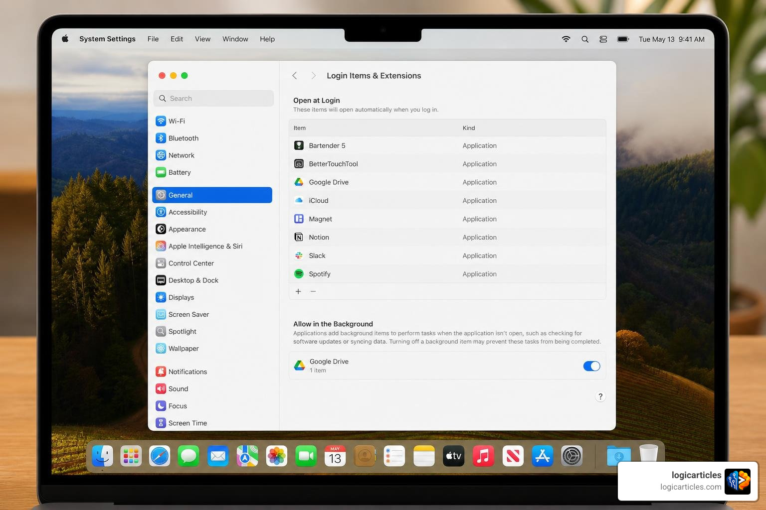 Mac System Settings showing Login Items configuration