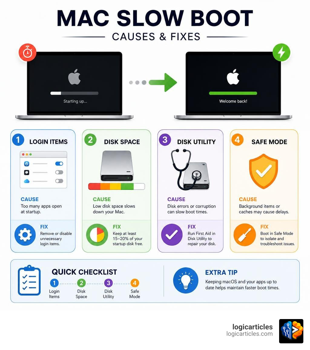 Mac slow boot causes and fixes infographic: login items, disk space, Disk Utility, Safe Mode infographic