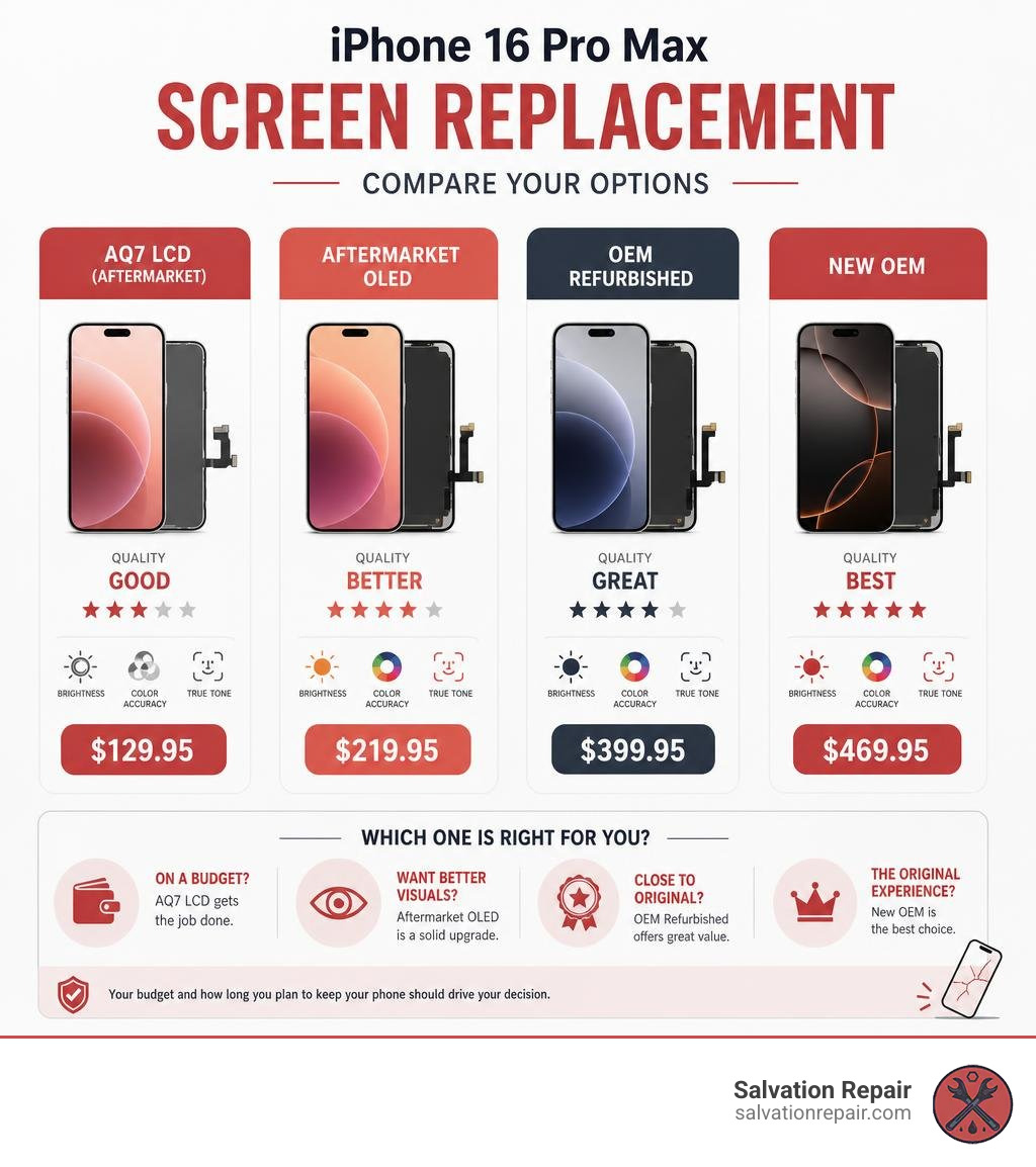 iPhone 16 Pro Max screen replacement options comparison infographic infographic