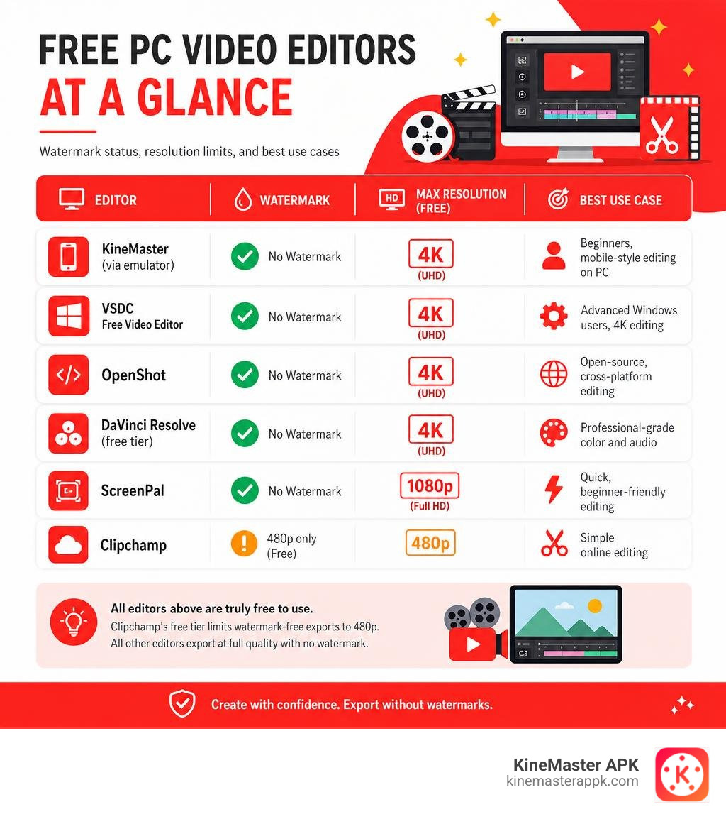 Comparison infographic of free PC video editors showing watermark status, resolution limits, and best use cases infographic