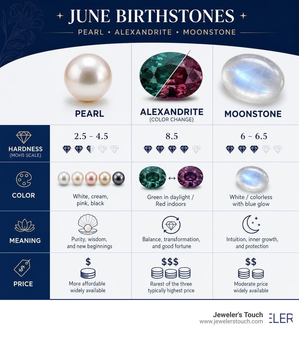 Infographic comparing June birthstones pearl alexandrite moonstone hardness color meaning and price infographic