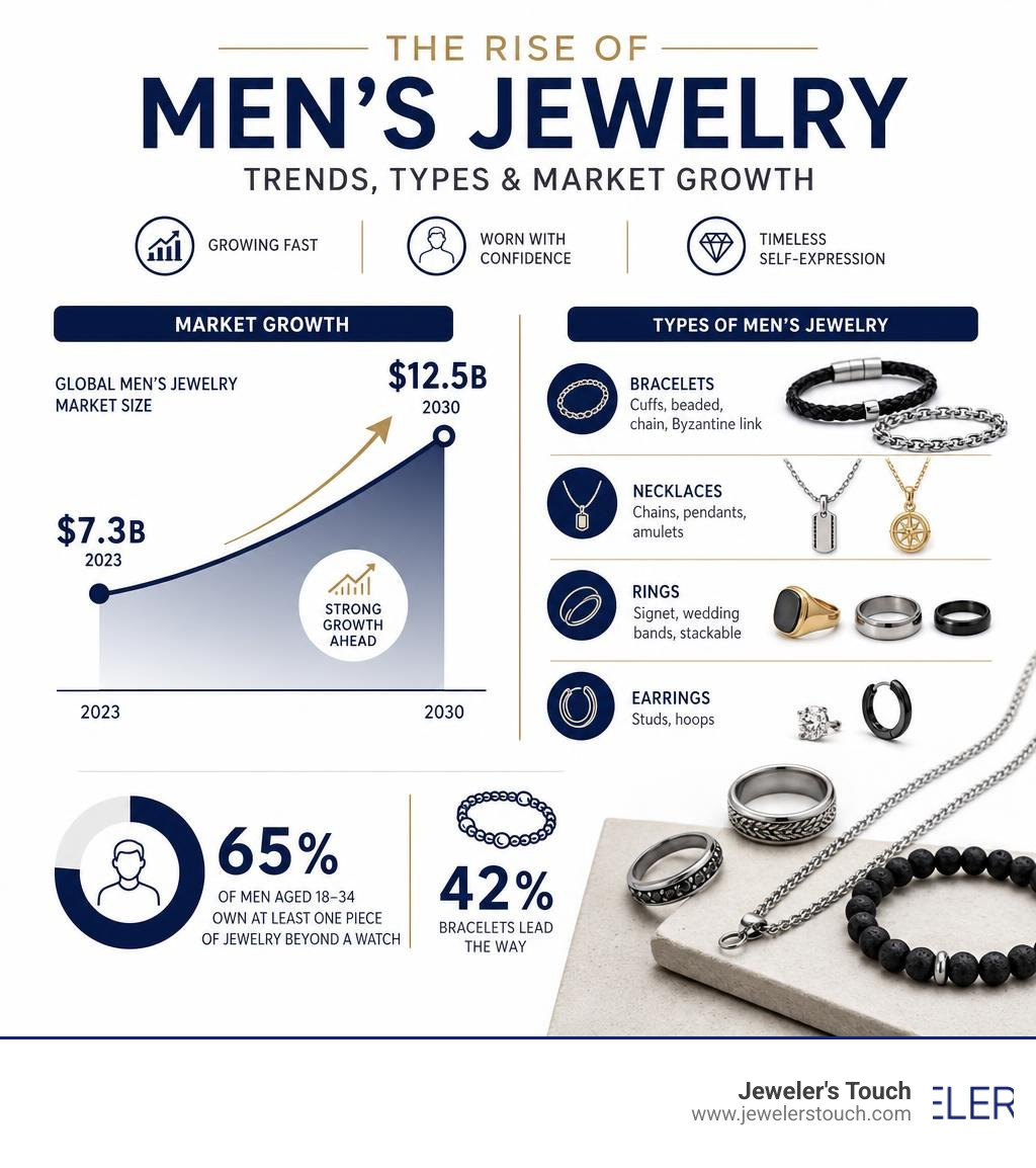 Infographic showing rise of men's jewelry trends types and market growth in 2026 infographic