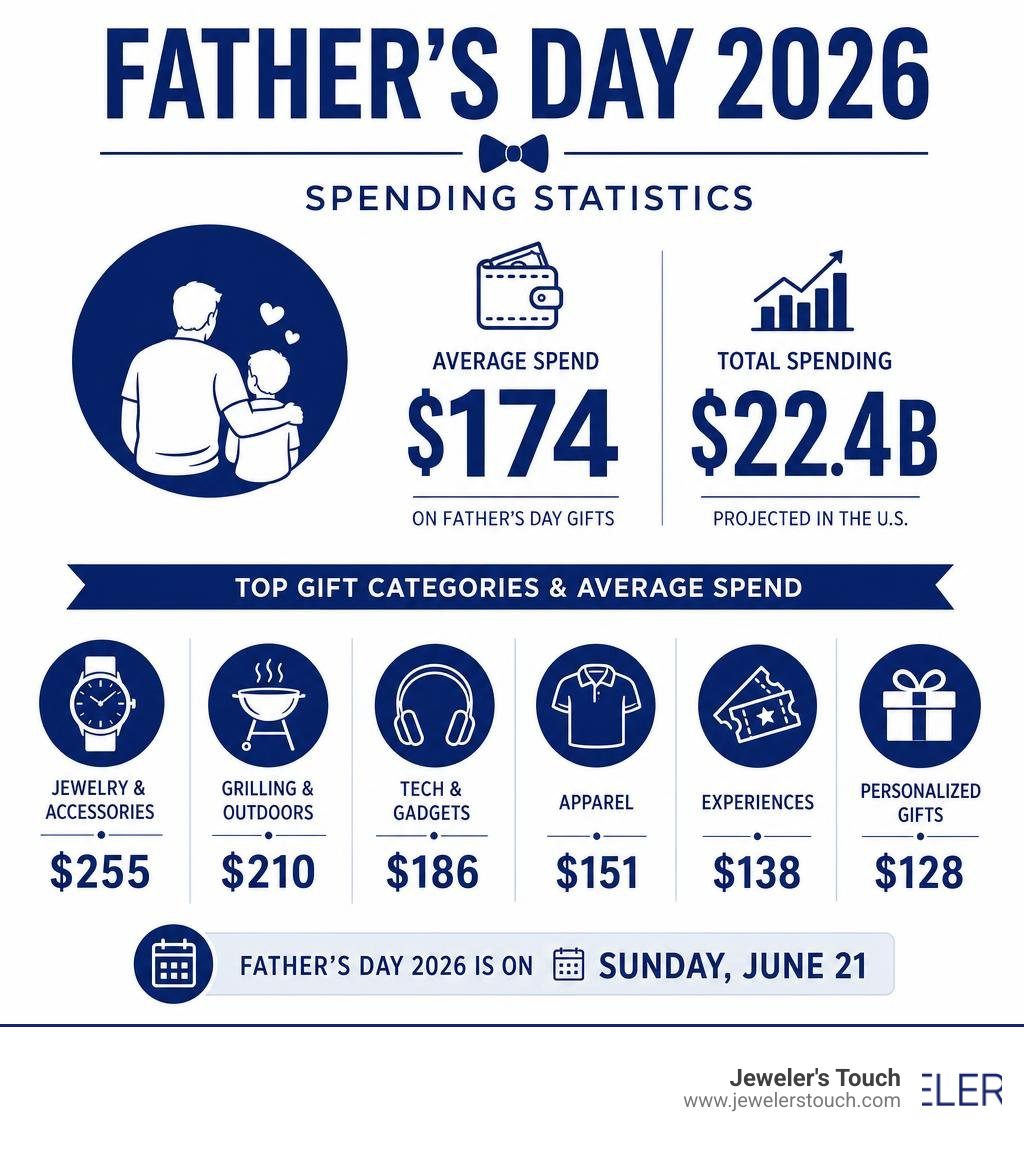 Father's Day 2026 spending statistics infographic showing top gift categories and average spend infographic