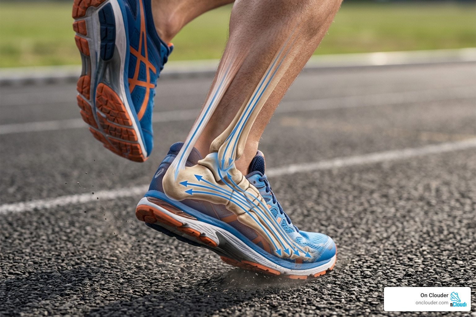 Illustration of foot strike biomechanics showing high arch rigid landings Illustration of foot strike biomechanics showing high arch rigid landings