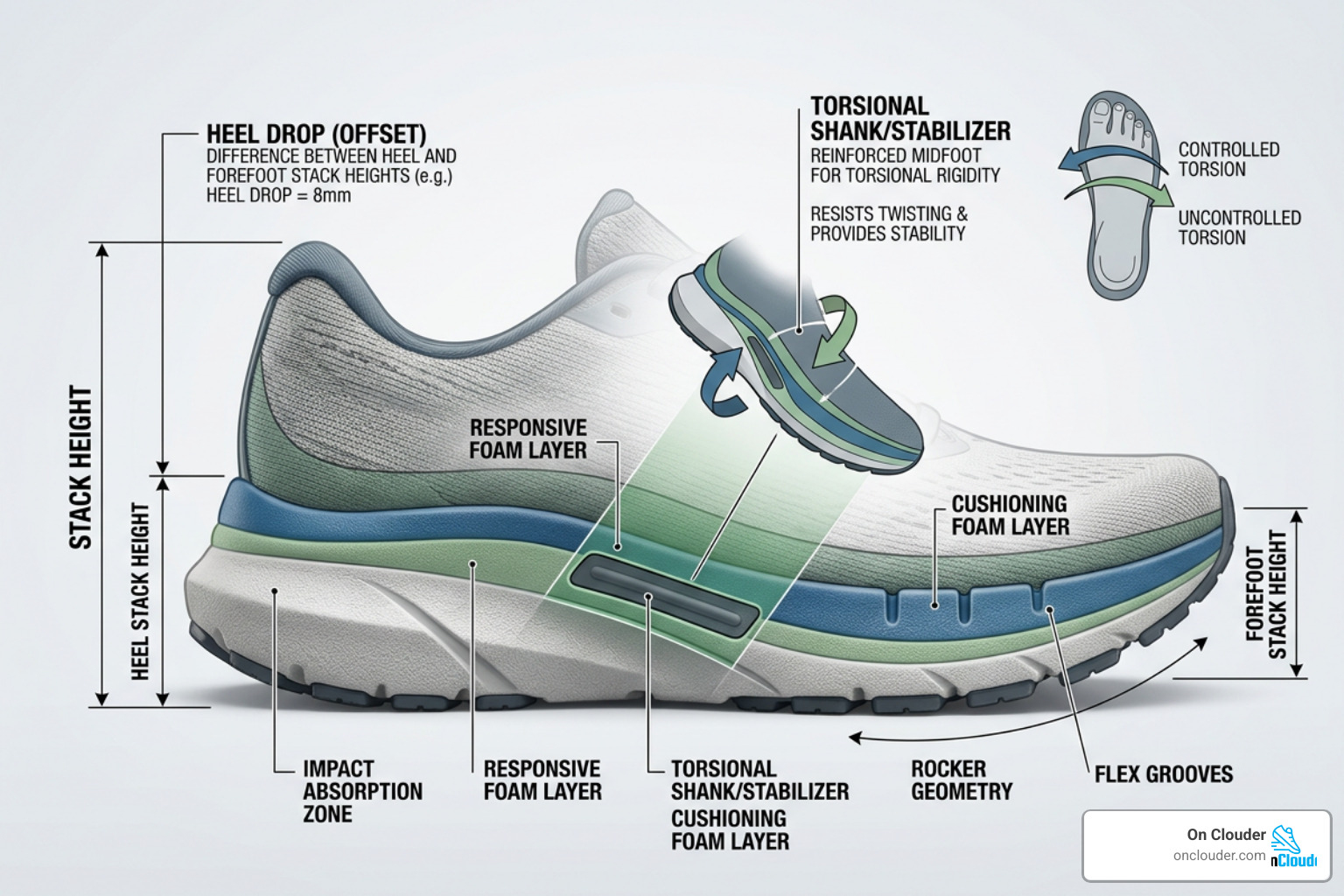 Diagram of a running shoe midsole highlighting stack height, heel drop, and torsional rigidity Diagram of a running shoe midsole highlighting stack height, heel drop, and torsional rigidity
