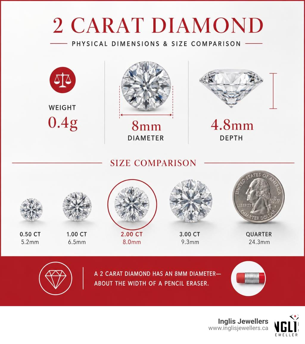 2 carat diamond physical dimensions, weight 0.4g, 8mm diameter, size comparison infographic infographic 2 carat diamond physical dimensions, weight 0.4g, 8mm diameter, size comparison infographic infographic