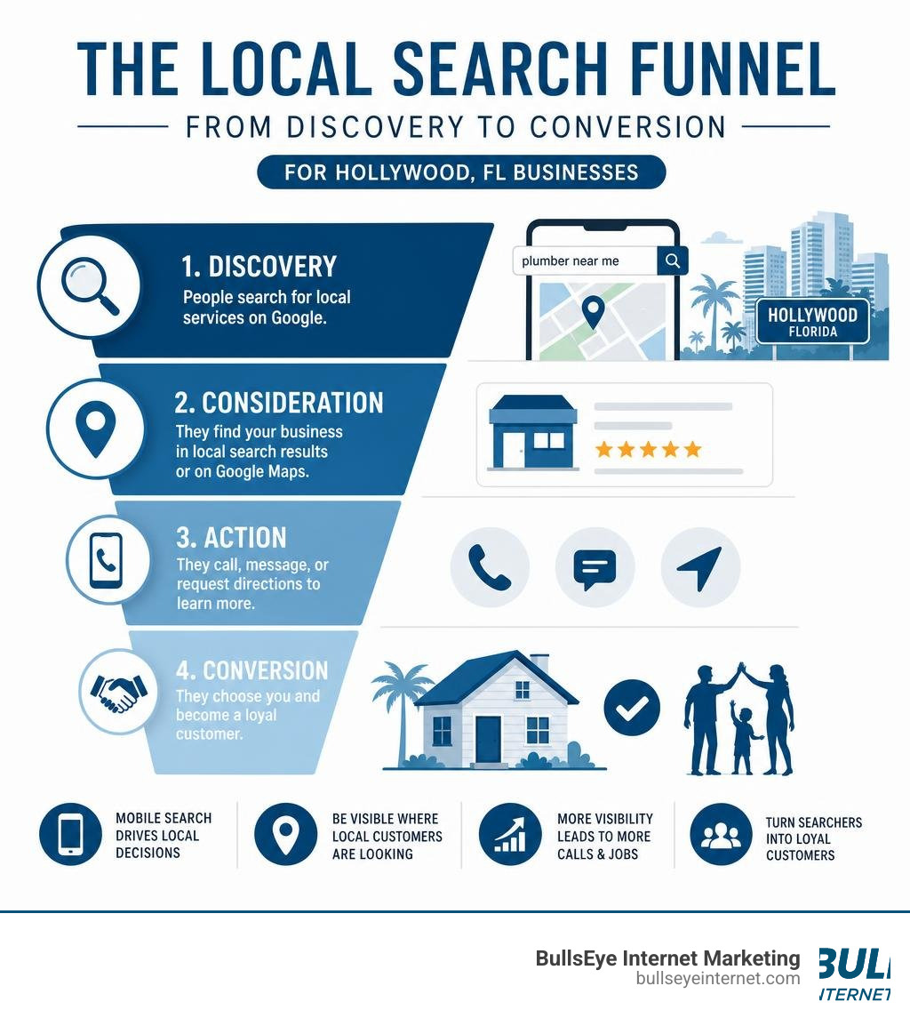Local search funnel diagram for Hollywood, FL businesses illustrating discovery, consideration, action, and conversion.
