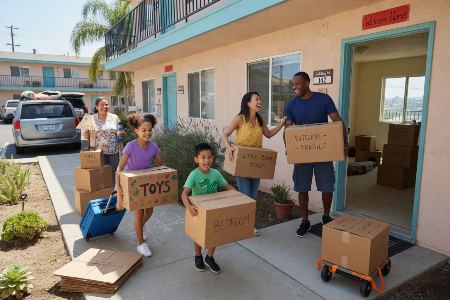 A family happily moving cardboard boxes into their new affordable California apartment