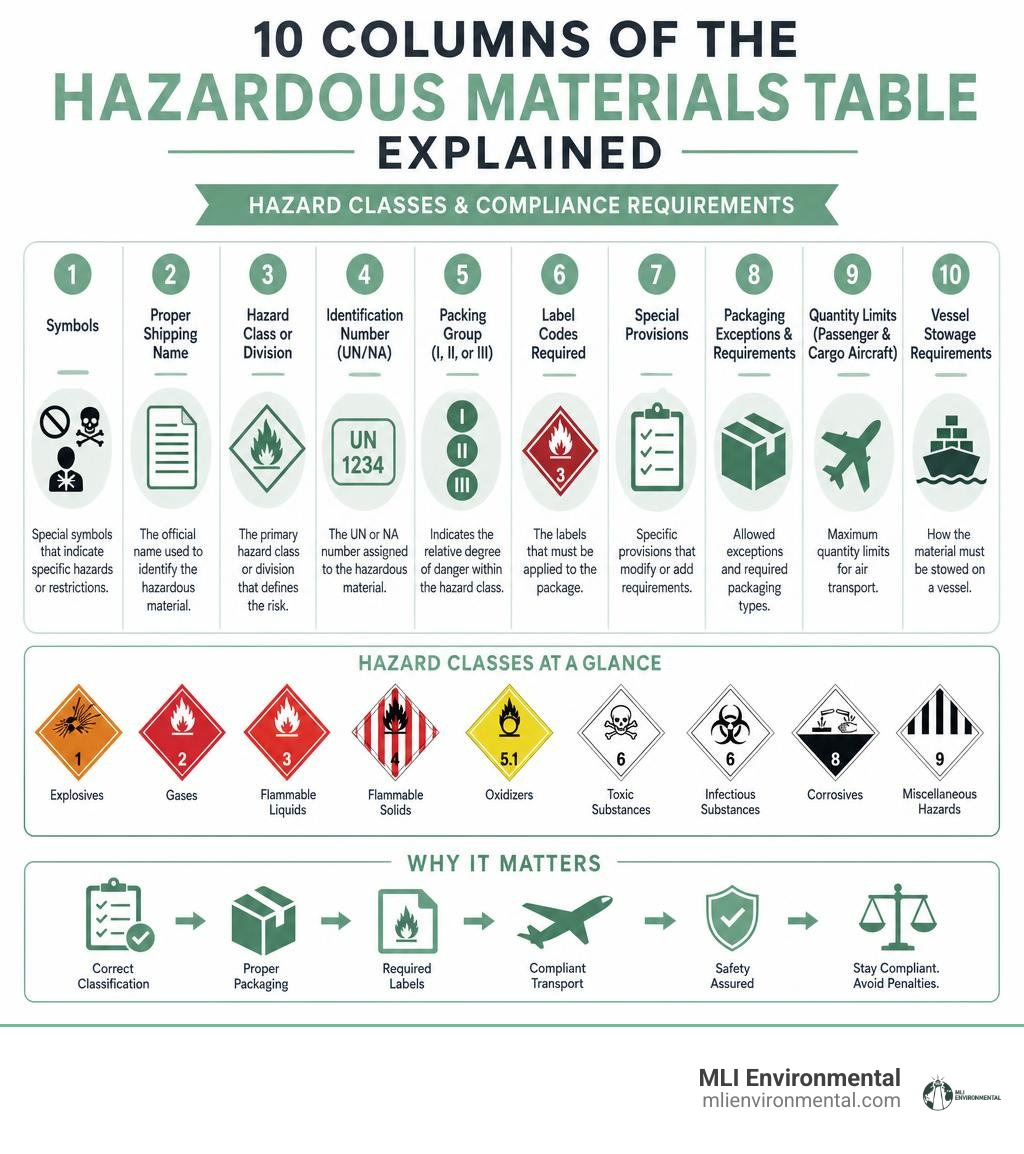 10 columns of the Hazardous Materials Table explained with hazard classes and compliance requirements infographic 10 columns of the Hazardous Materials Table explained with hazard classes and compliance requirements infographic