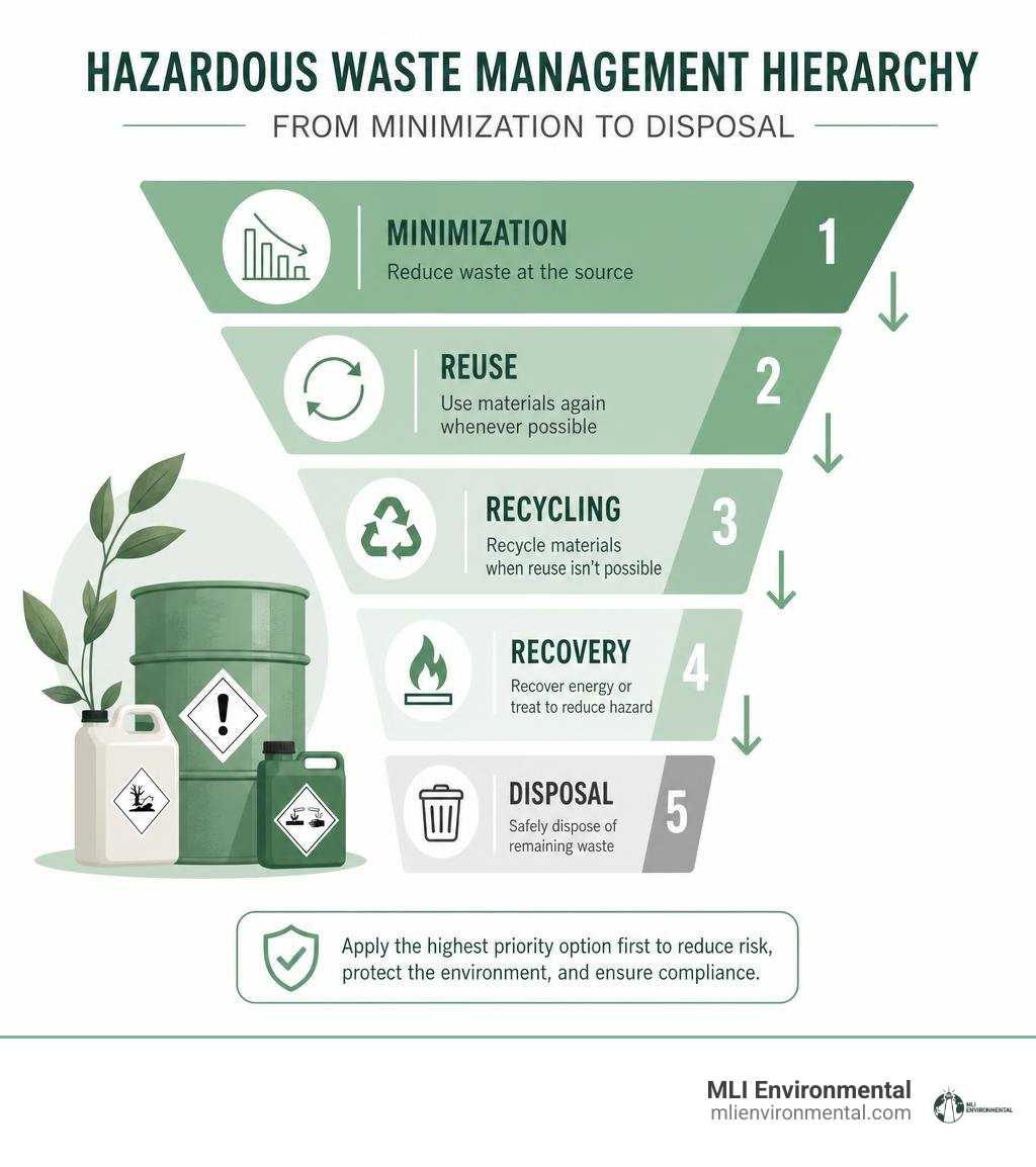 Hazardous waste management hierarchy from minimization to disposal infographic infographic Hazardous waste management hierarchy from minimization to disposal infographic infographic
