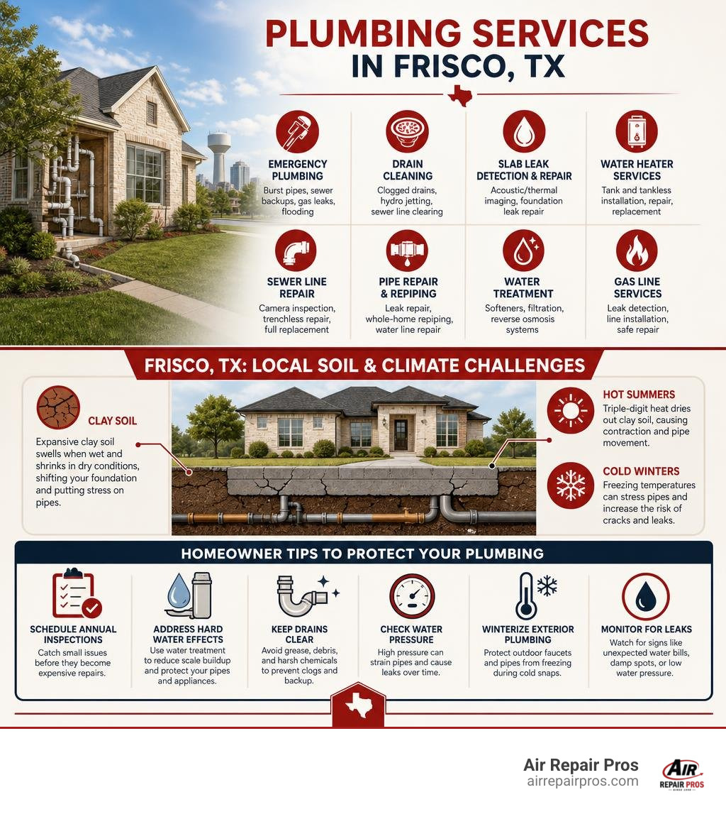 Infographic showing common plumbing services in Frisco, TX, local soil and climate challenges, and homeowner tips infographic