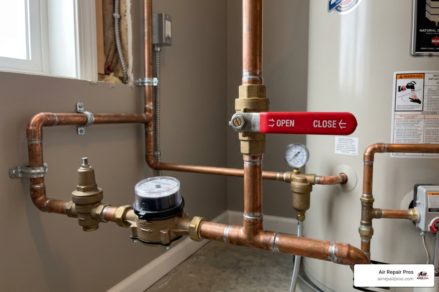 Main water shut-off valve location in a home utility room