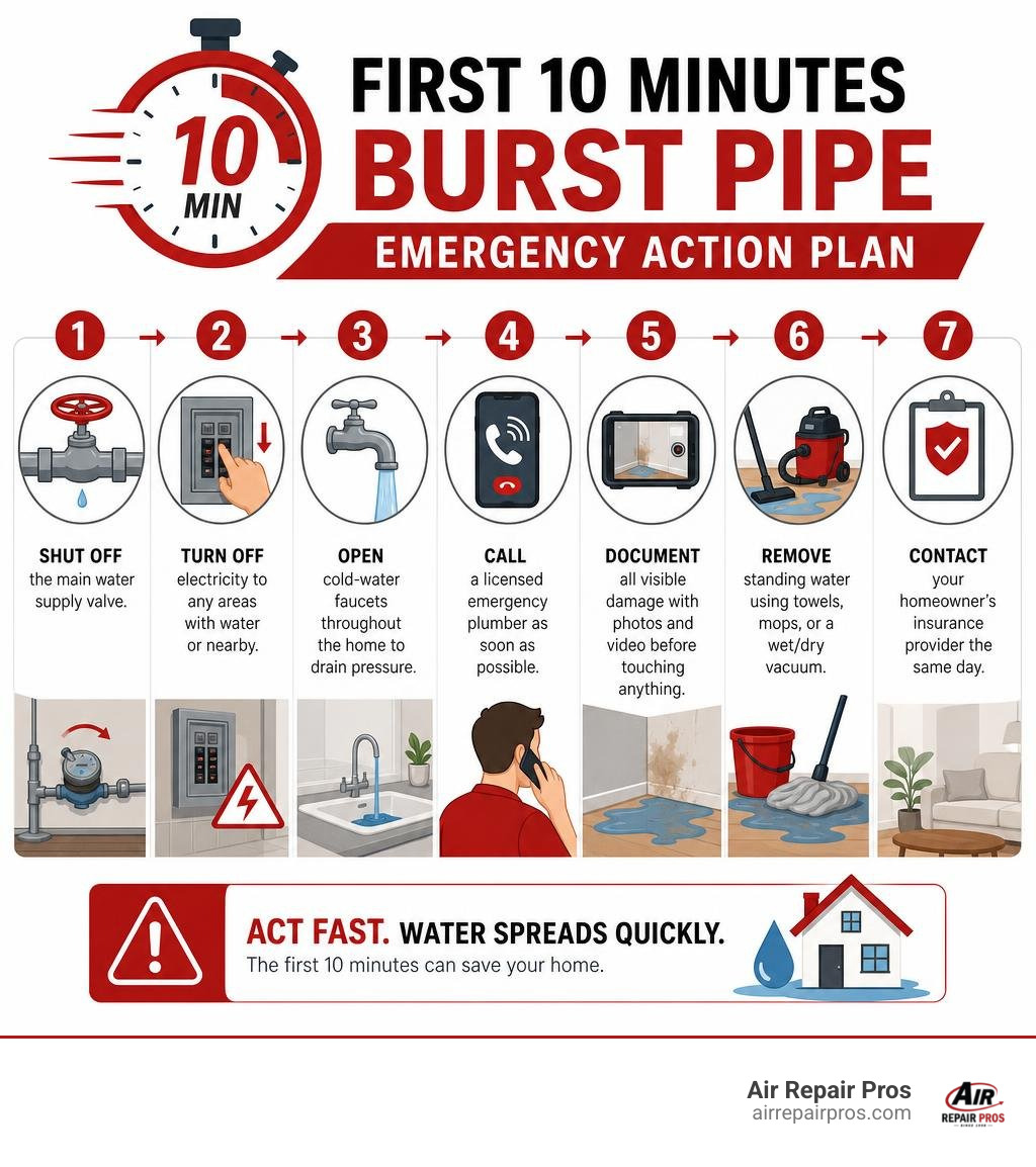 Infographic: First 10 minutes burst pipe emergency action plan with 7 sequential steps infographic