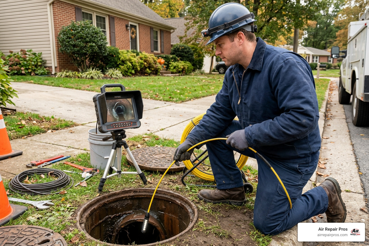 A professional plumber inspects an underground sewer pipe using a high-definition sewer camera system