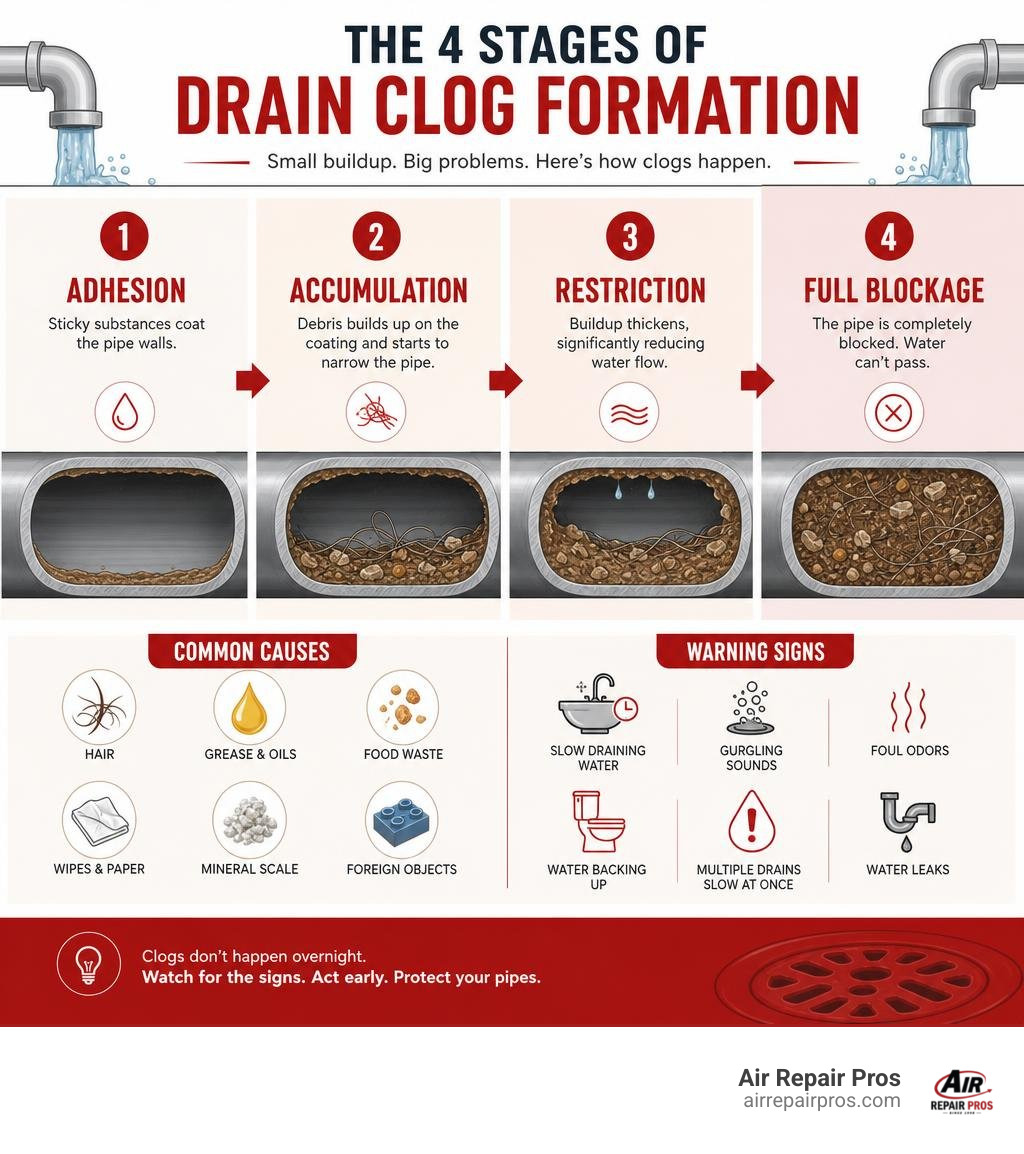 Infographic showing four stages of drain clog formation: adhesion, accumulation, restriction, and full blockage with causes