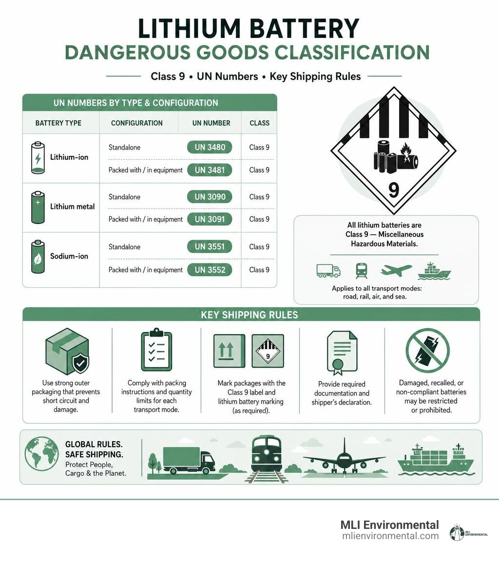 Infographic showing lithium battery Class 9 dangerous goods classification, UN numbers by type and configuration, and key Infographic showing lithium battery Class 9 dangerous goods classification, UN numbers by type and configuration, and key