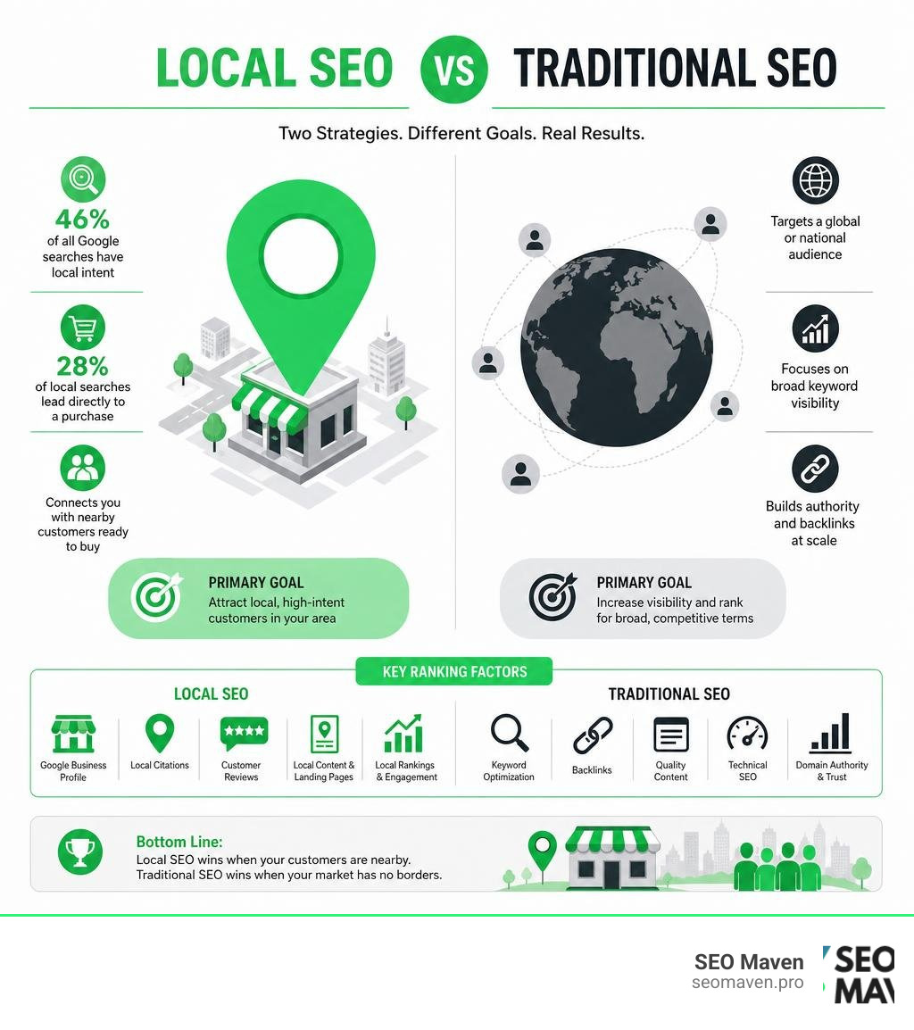 Infographic comparing local SEO vs traditional SEO with key stats and ranking factors infographic
