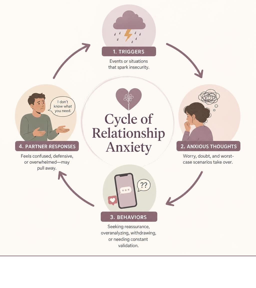 Cycle of relationship anxiety showing triggers, anxious thoughts, behaviors, and partner responses infographic