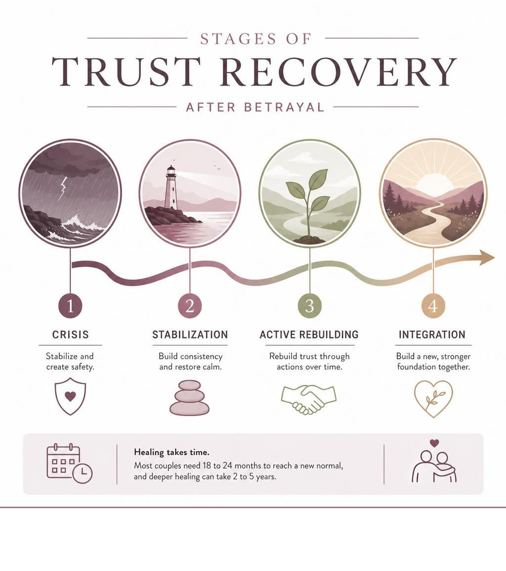 Stages of trust recovery after betrayal: crisis, stabilization, active rebuilding, and integration infographic Stages of trust recovery after betrayal: crisis, stabilization, active rebuilding, and integration infographic