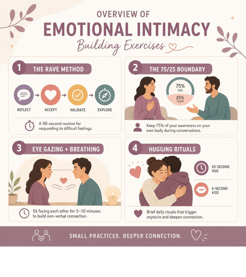 Overview of emotional intimacy building exercises including RAVE Method, 75/25 boundary, eye gazing, and hugging rituals