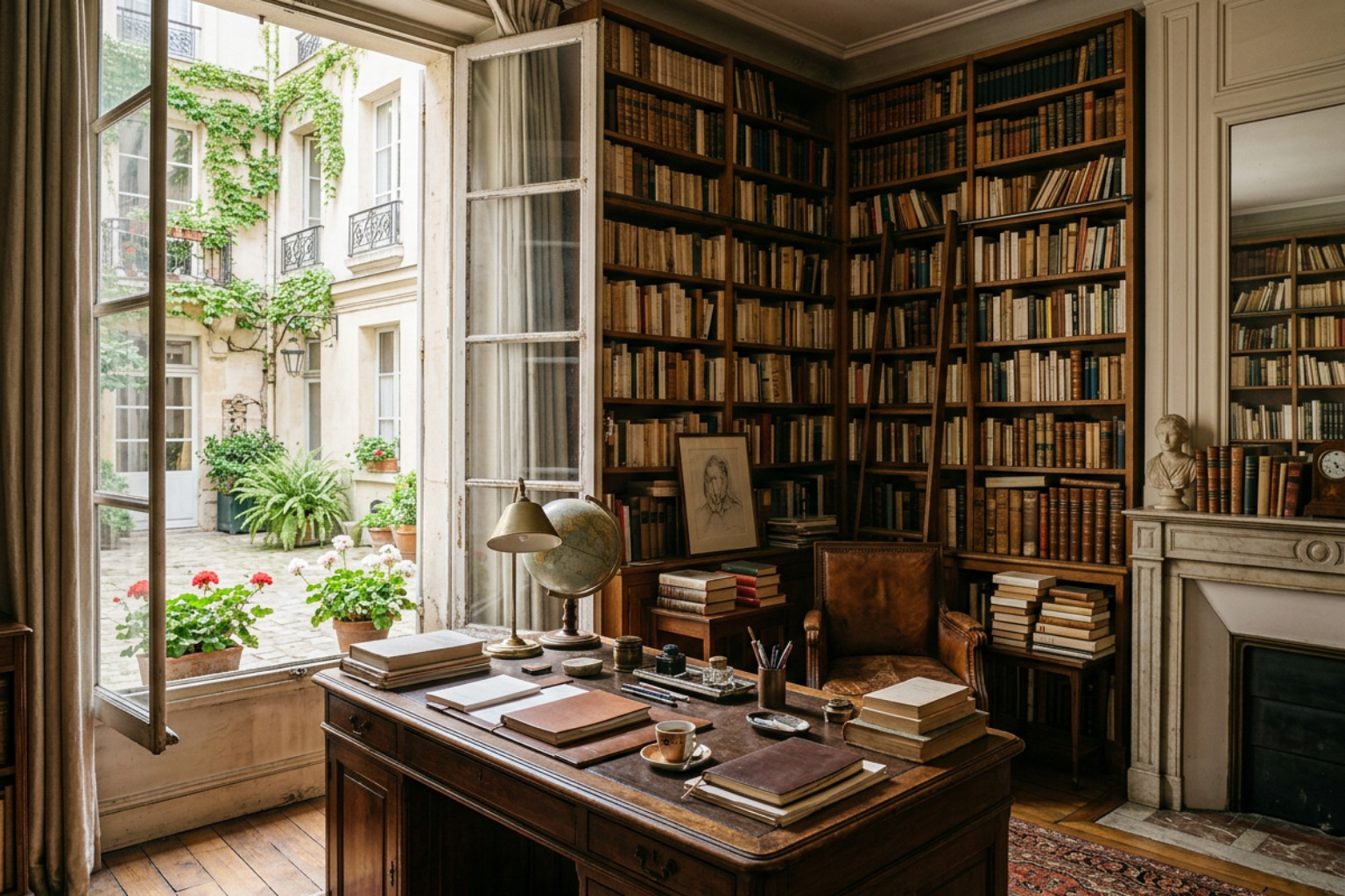 A classic Parisian study featuring a large wooden desk, bookshelves, and a view of a quiet courtyard A classic Parisian study featuring a large wooden desk, bookshelves, and a view of a quiet courtyard