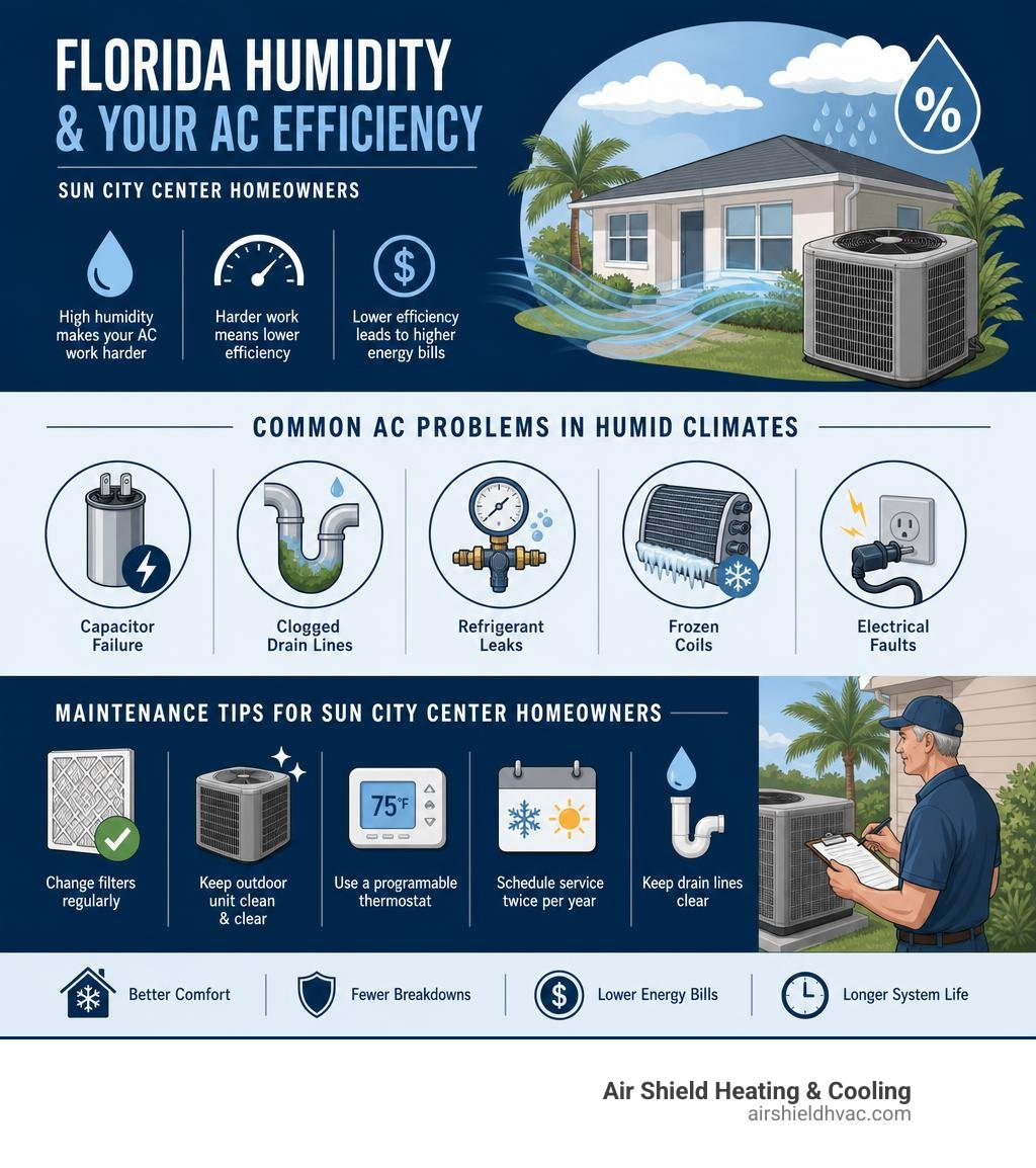 Infographic showing how Florida humidity affects AC efficiency, common problems, and maintenance tips for Sun City Center