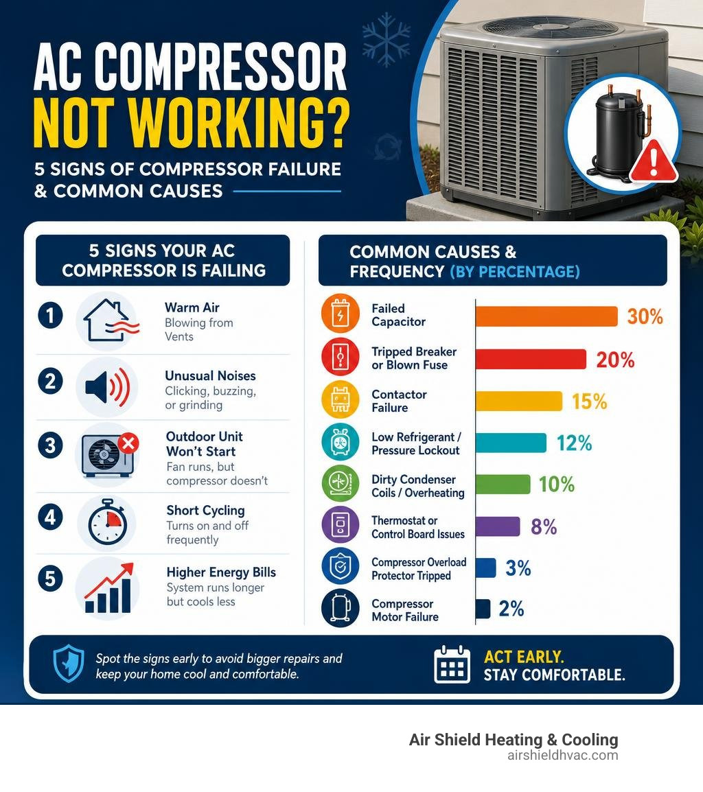 Infographic showing 5 signs of AC compressor failure and common causes with frequency percentages infographic