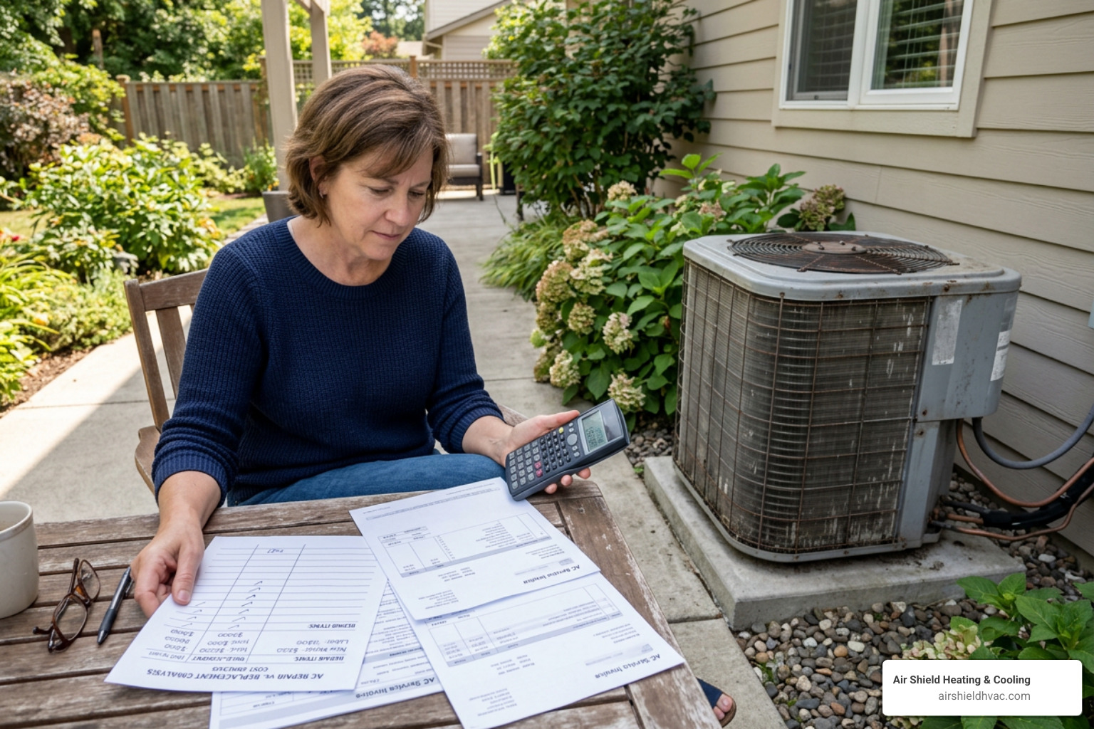 Homeowner calculating HVAC repair costs next to an older AC system