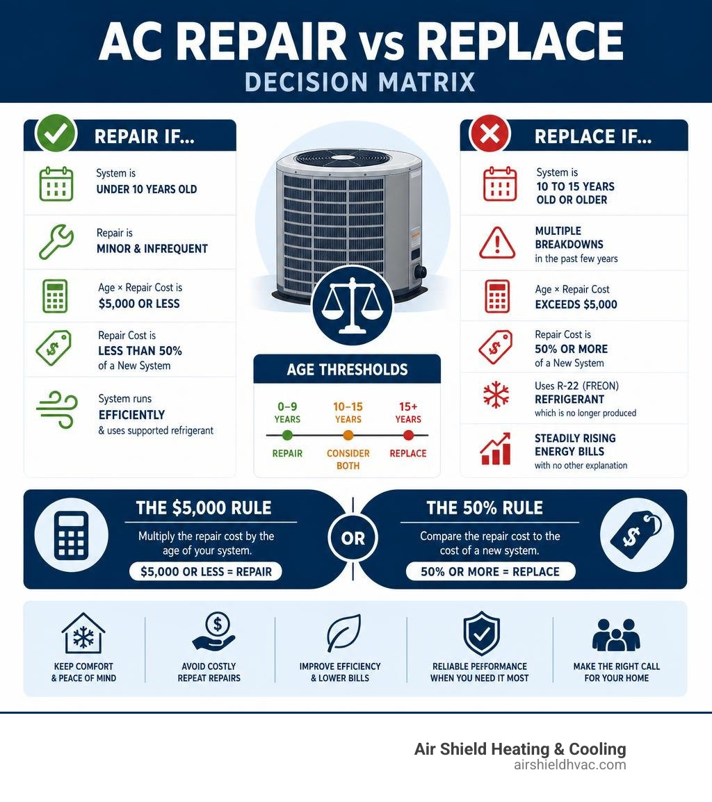 AC repair vs replace decision matrix infographic with age thresholds, $5,000 rule, 50% rule, and replacement signs
