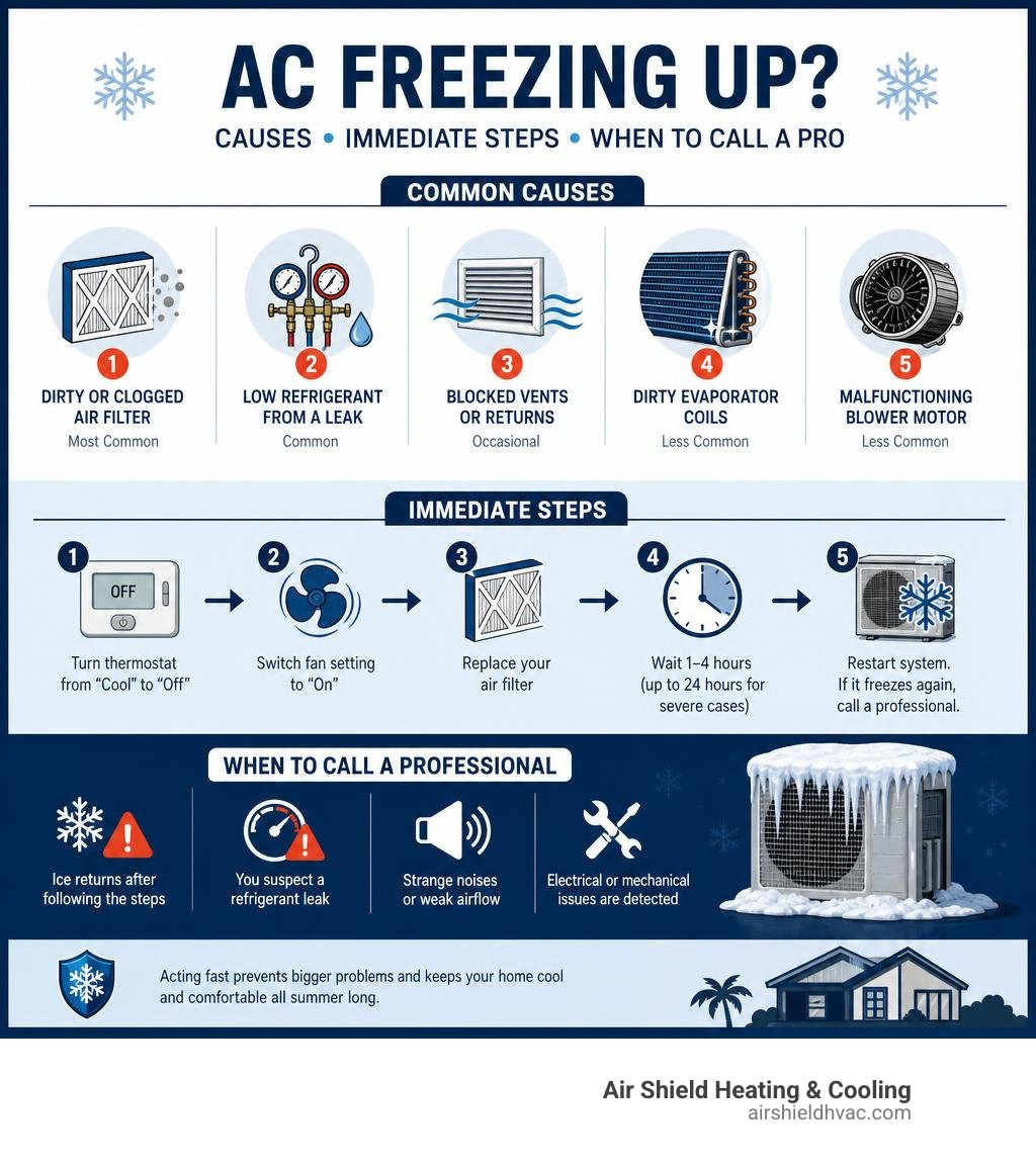 Infographic showing causes of AC freezing up, immediate steps, and when to call a professional infographic