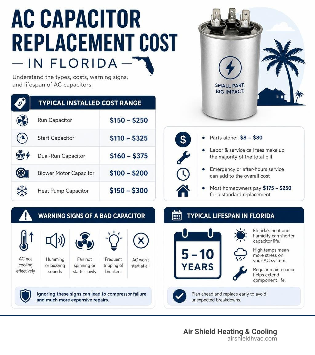 AC capacitor replacement cost infographic showing types, price ranges, warning signs, and lifespan in Florida infographic
