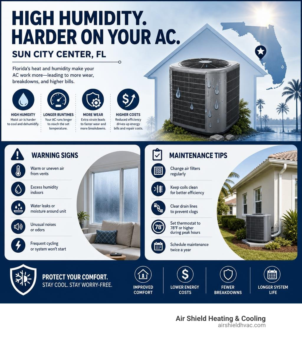 Infographic showing how high humidity strains home AC systems in Sun City Center FL with key warning signs and maintenance