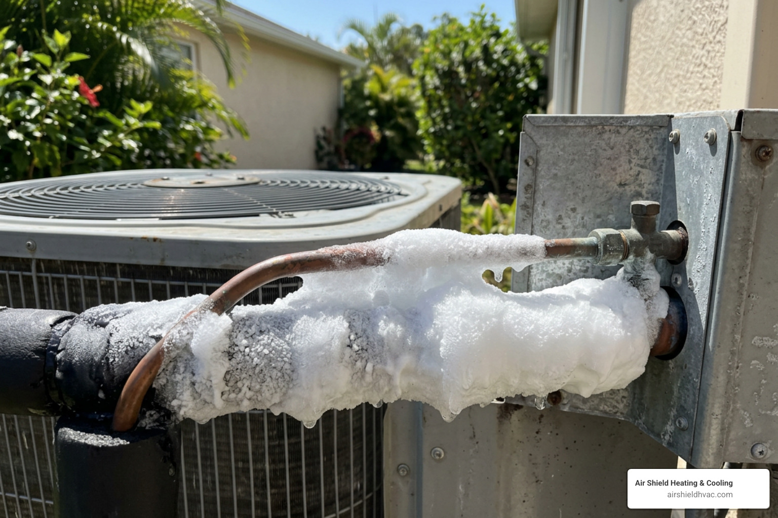 Ice buildup on outdoor AC copper lines indicating a frozen coil