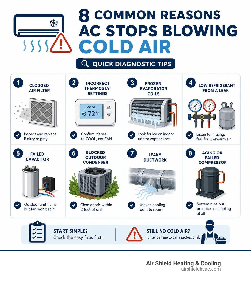 Infographic showing 8 common reasons AC stops blowing cold air with quick diagnostic tips for each cause infographic