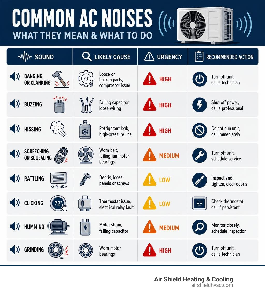 Common AC noises infographic showing sound types, causes, urgency levels, and recommended actions infographic