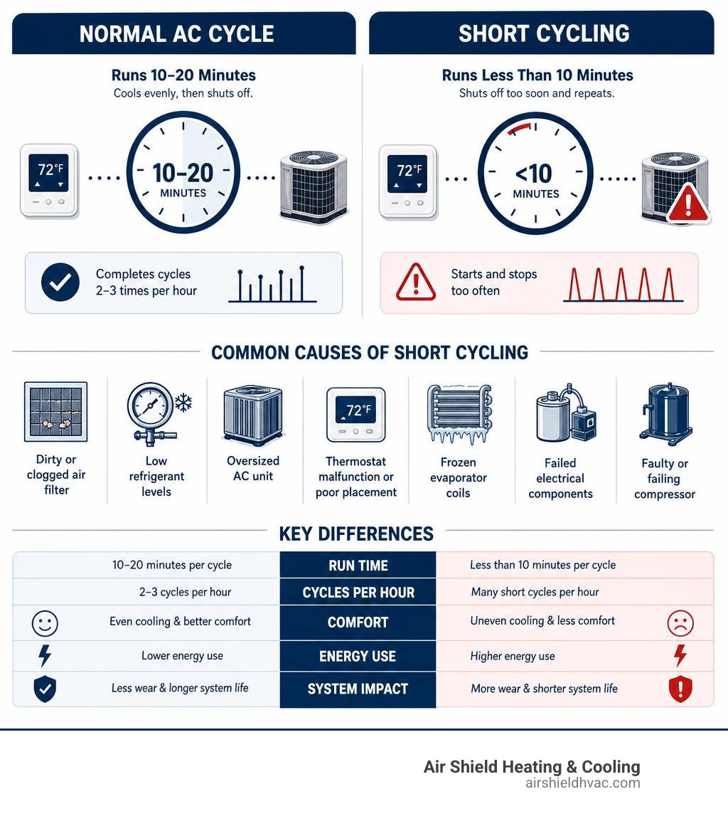 Infographic showing normal AC cycle vs short cycling causes, symptoms, and key differences infographic