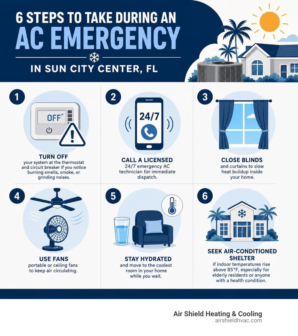 Infographic showing 6 steps to take during an AC emergency in Sun City Center FL with icons for each step infographic